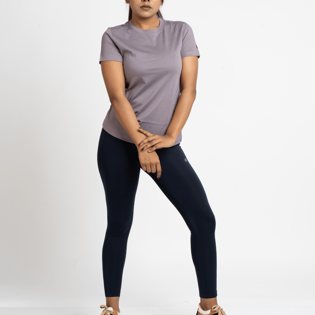 The Vibrant Combo (Navy Blue Legging & Sky Blue/ Mauve T-Shirt Set) - Beyond Physique