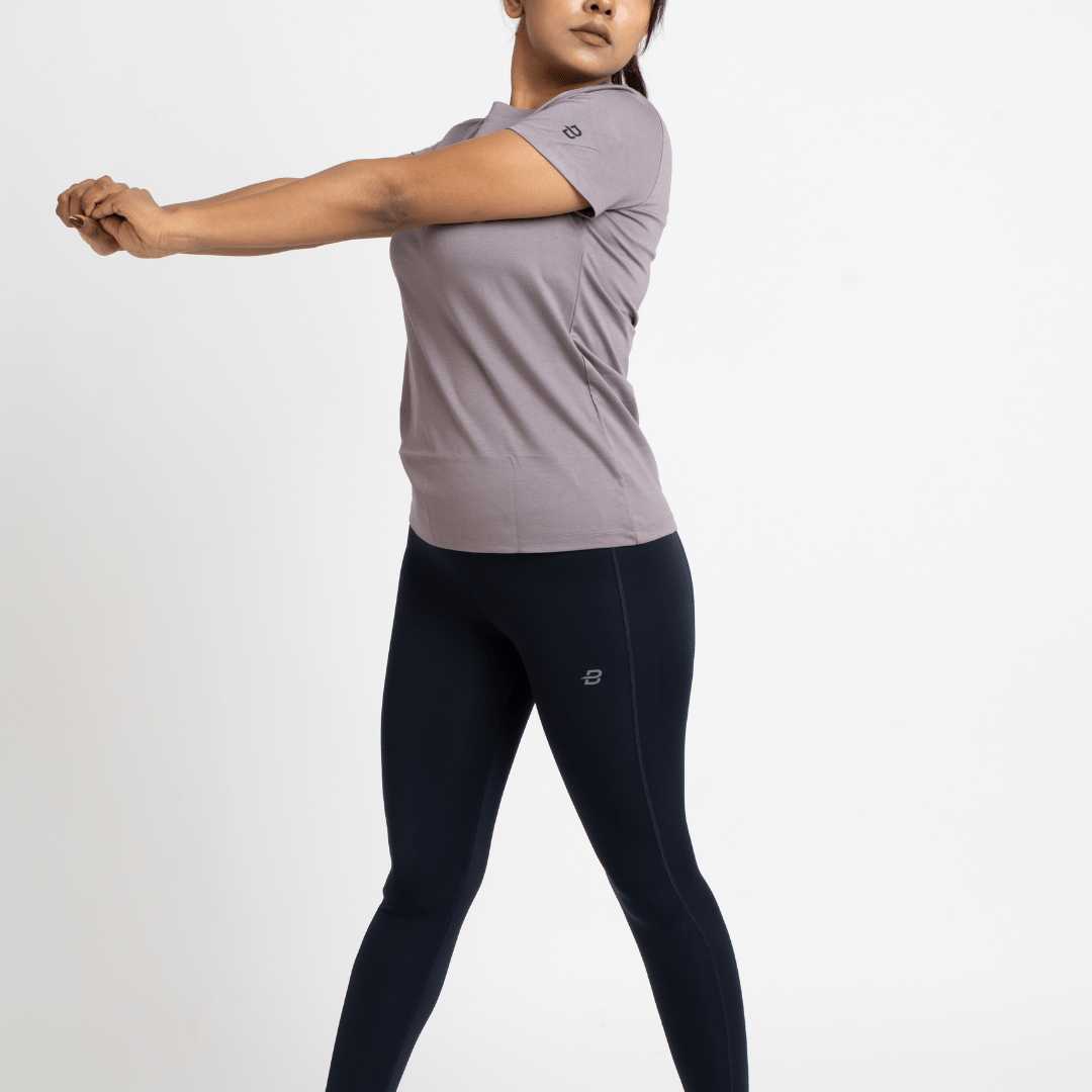 The Vibrant Combo (Navy Blue Legging & Sky Blue/ Mauve T-Shirt Set) - Beyond Physique