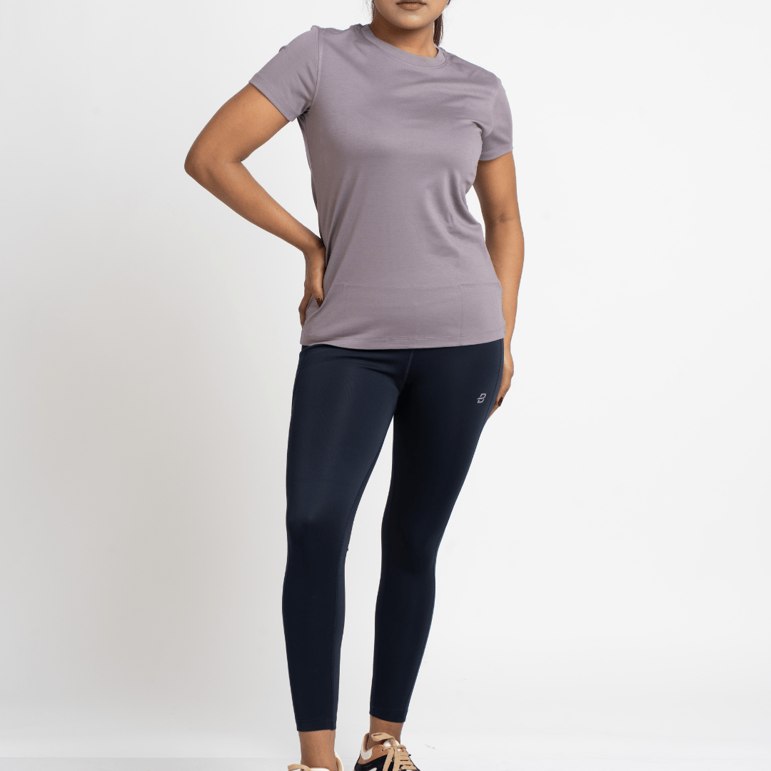 The Vibrant Combo (Navy Blue Legging & Sky Blue/ Mauve T-Shirt Set) - Beyond Physique